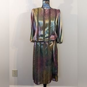 Patra Vintage Shimmery Elegant Belted Floral Design Olive Dress